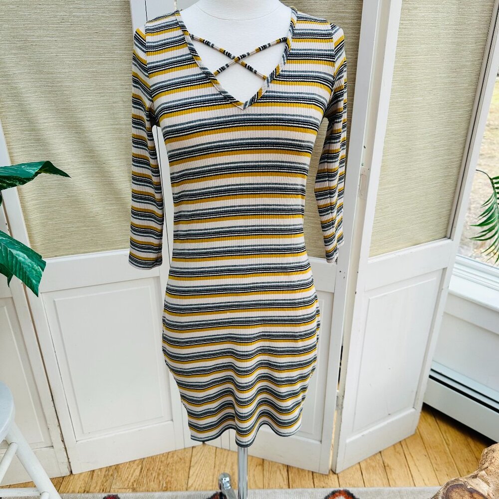 Vintage 90s B Famous Ribbed Bodycon Dress Y2K Grunge Striped Size L